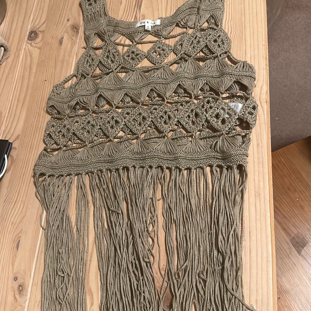 May & July macrame fringe top.  Size small.